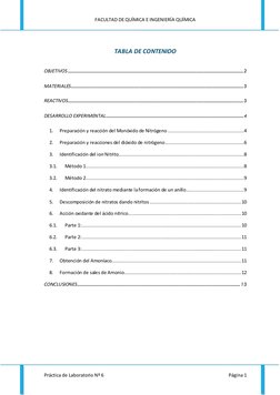 FACULTAD DE QUÍMICA E INGENIERÍA QUÍMICA 
 
Práctica de Laboratorio Nº 6 
Página 1 
 
 
TABLA DE CONTENIDO 
 
OBJETIVOS .....