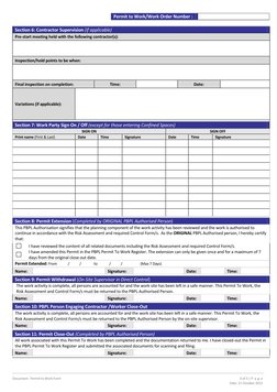 Document:  Permit to Work Form 
3 of 3 | P a g e  
 
 
Date: 21 October 2013  
Permit to Work/Work Order Number :