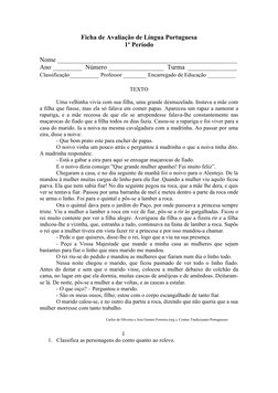 Ficha de Avaliação de Língua Portuguesa
1º Período
Nome _______________________________________________________
Ano _________