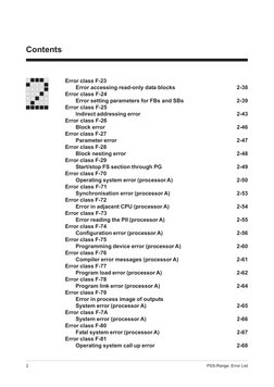 2
Contents
PSS-Range: Error List
Error class F-23
Error accessing read-only data blocks
2-38
Error class F-24
Error setting p