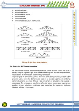 a. Armadura Howe. 
b. Armadura Warren. 
c. Armadura Pratt Plana. 
d. Armadura Fink. 
e. Armadura Delta. 
f. Armadura de