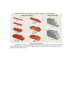 7. Describa las formas en que se pueden acomodar los ladrillos en una construcción. 
 
Aparejos de ladrillo y de sillería