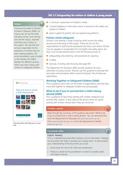 17
TDA 2.2 Safeguarding the welfare of children & young people
 
●a ‘common’ assessment of children’s needs
 
●a shared datab