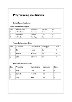 Programming specification 
 
Input Specifications 
Struct Information: Login 
Sno 
Variable Name 
Description 
Data type 
S
