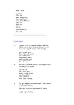 know / knew 
lay / laid 
lead / led 
lean / leaned, leant* 
leap / leapt, leaped* 
learn / learned, learnt* 
leave / left 
le