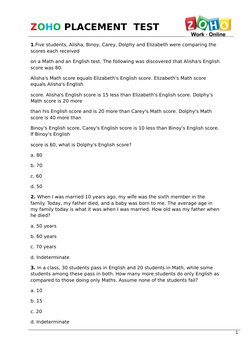 ZOHO PLACEMENT  TEST 
1.Five students, Alisha, Binoy, Carey, Dolphy and Elizabeth were comparing the 
scores each received
on