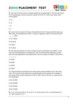 ZOHO PLACEMENT  TEST 
4. The cost of hiring a bus is shared equally by all passengers. The bus has seats
for 40 passengers an