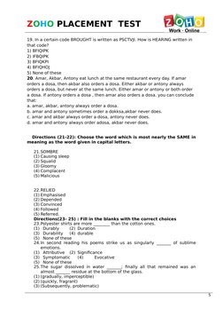 ZOHO PLACEMENT  TEST 
19. In a certain code BROUGHT is written as PSCTVJI. How is HEARING written in 
that code?
1) BFIQIPK
2