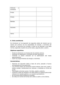 Verduras
 
y
hortalizas
Frutas
Grasas
Bebidas
Azúcares
Varios
8. Dieta semiblanda
Se introducen en la progresión los segundos