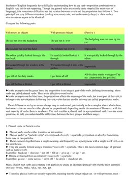 Students of English frequently have difficulty understanding how to use verb+preposition combinations in 
English. And this i