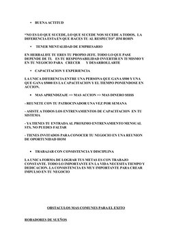 •
BUENA ACTITUD
“NO ES LO QUE SUCEDE, LO QUE SUCEDE NOS SUCEDE A TODOS,  LA 
DIFERENCIA ESTA EN QUE HACES TU AL RESPECTO” JIM