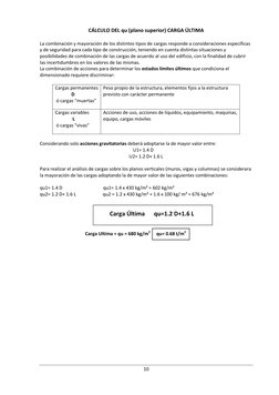 10 
 
CÁLCULO DEL qu (plano superior) CARGA ÚLTIMA 
 
La combinación y mayoración de los distintos tipos de cargas responde a