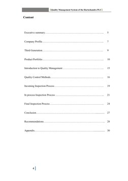 [Quality Management System of the Harischandra PLC]
Content
Executive summary…………………………………………………………...
Company Profile…………………