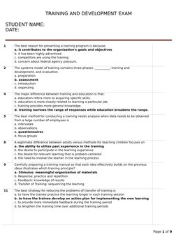 TRAINING AND DEVELOPMENT EXAM
STUDENT NAME:                                                                                
D