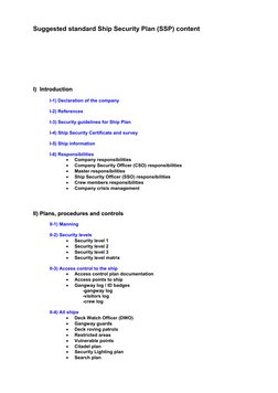 Suggested standard Ship Security Plan (SSP) content
II))  IInnttrroodduuccttiioonn
I-1) Declaration of the company
I-2) Refer