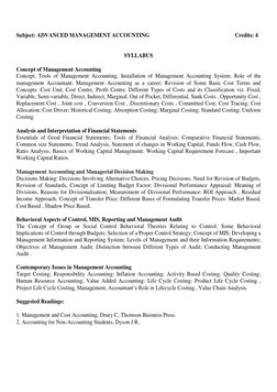 Subject: ADVANCED MANAGEMENT ACCOUNTING 
Credits: 4 
SYLLABUS 
Concept of Management Accounting 
Concept; Tools of Management