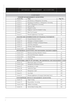 ADVANCED MANAGEMENT ACCOUNTING 
CONTENT 
ADVANCED MANAGEMENT ACCOUNTING 
CONCEPT OF MANAGEMENT ACCOUNTING 
Lesson No. 
Topic