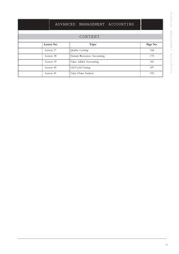 ADVANCED MANAGEMENT ACCOUNTING 
CONTENT 
Lesson No. 
Topic
 Page No. 
Lesson 37 
Quality Costing 
168 
Lesson 38 
Human Resou