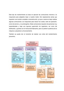 Este tipo de mantenimiento se basa en ejecutar las correcciones menores a la
maquinaria para adaptarla mejor a nuestro medio.