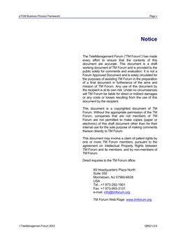 eTOM Business Process Framework 
Page v 
Notice 
The TeleManagement Forum (“TM Forum”) has made 
every effort to ensure tha
