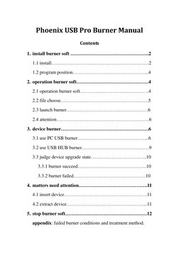 Phoenix USB Pro Burner Manual 
Contents  
1. install burner soft ………………………………………….2  
1.1 install…………………………………………………….2 
1.2