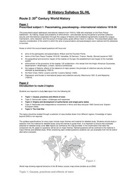 IB History Syllabus SL/HL 
Route 2: 20th Century World History 
Paper 1 
Prescribed subject 1: Peacemaking, peacekeeping—inte