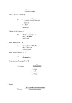 n2 =  n1
                    n2 = 0.00161 mole
Volume of unreacted HCl, V1
V1
=  
n2
concentration HCl qu