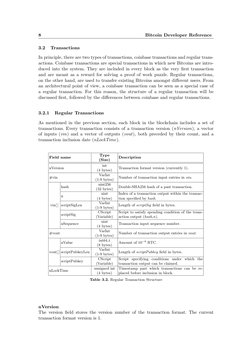 8
Bitcoin Developer Reference
3.2
Transactions
In principle, there are two types of transactions, coinbase transactions and r