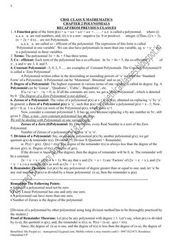 9
 
CBSE CLASS X MATHEMATICS
CHAPTER 2 POLYNOMIALS
RECAP FROM PREVIOUS CLASS/ES
1. A Function p(x) of the form p(x) = a0 + a1