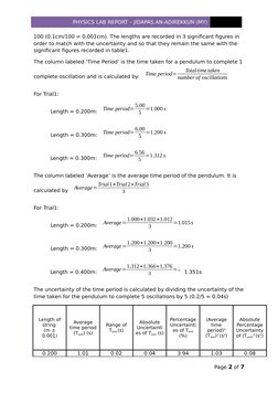 PHYSICS LAB REPORT – JIDAPAS AN-ADIREKKUN (MY)
100 (0.1cm/100 = 0.001cm). The lengths are recorded in 3 significant figures i