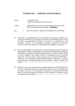 INFORME NRO.       -05-DIVPOL- PNP-DEPANDRO-SU
Señor
:
CORONEL PNP.
JEFE DE LA DIVPOL PNP.-SULLANA
Asunto           :