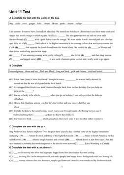 Unit 11 Test
A Complete the text with the words in the box.
Bay    cliffs    cove    gorges    hills    Mount    Ocean    pea