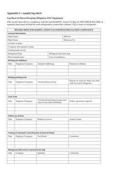 Appendix 3 – sample log sheet 
 
Log Sheet for Record Keeping Obligation, RAC Equipment 
This record sheet allows complianc