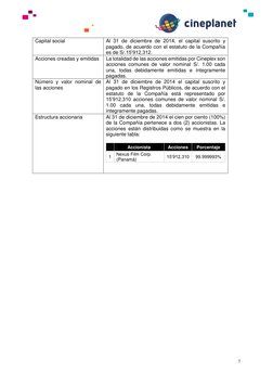 7 
 
Capital social 
 
Al 31 de diciembre de 2014, el capital suscrito y 
pagado, de acuerdo con el estatuto de la Compañía