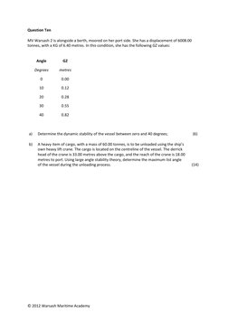 © 2012 Warsash Maritime Academy 
Question Ten 
 
MV Warsash 2 is alongside a berth, moored on her port side. She has a displa