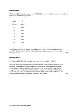 © 2012 Warsash Maritime Academy 
Question Eleven 
 
MV Warsash 2 is loaded to a displacement of 7192.00 tonnes. At this displ