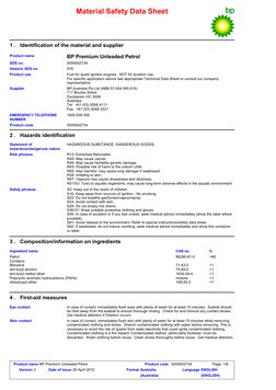 Material Safety Data Sheet
1 .
Identification of the material and supplier
BP Premium Unleaded Petrol
Product name
876
Histor