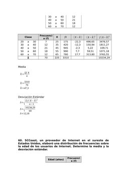30
a
40
12
40
a
50
21
50
a
60
18
60
a
70
12
Clase
Frecuenci
a (f)
X
fX
(X−´X)
(X−´X)
2
f (X−´X)
2
20
a
30
7
25
175
-22,3
496,