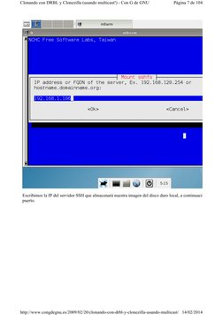 Escribimos la IP del servidor SSH que almacenará nuestra imagen del disco duro local, a continuación nos preg
puerto.
Página