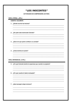 “LOS INOCENTES”
ACTIVIDADES DE COMPRENSIÓN LECTORA
NIVEL LITERAL: ¿4Pts.)
CUENTO: COLORETE
1.
¿Dónde ocurren los hechos?
___