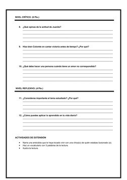 NIVEL CRÍTICO: (6 Pts.)
8.
¿Qué opinas de la actitud de Juanita?
____________________________________________________________