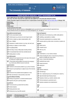 Health, Safety and Wellbeing  (http://www.adelaide.edu.au/atoz/)Handbook
HIGHER DEGREE BY RESEARCH : SAFETY MANAGEMENT PLAN
T