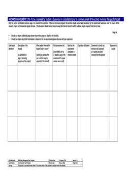 HAZARD MANAGEMENT LOG - To be completed by Student & Supervisor in consultation prior to commencement of the activity involvi