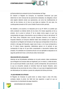 CONTABILIDAD Y FINANZAS .
 
c) Oportunidad de la anotación de los Comprobantes de Pago
En  relación  al  Registro  de  Compra