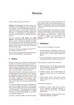 Monism
For the academic journal, see The Monist (https://en.wikipedia.org/wiki/The_Monist).
Monism is the philosophical view