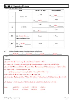 S.2 Geography – Map Reading 
 
WS P. 9 
PART 3 Measuring Distance 
Instructions: Fill in the blanks. 
Scale 
Distance on map