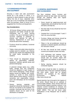 CHAPTER  1:   THE PHYSICAL ENVIRONMENT 
 
 
1.2 FURNISHINGS/FITTINGS 
AND EQUIPMENT 
 
Ensuring a clean and safe environment