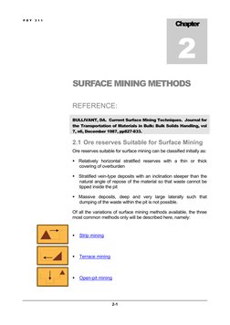 Chapter 
2 
P D Y  3 1 1  
SURFACE MINING METHODS 
REFERENCE: 
BULLIVANT, DA.  Current Surface Mining Techniques.  Journal fo