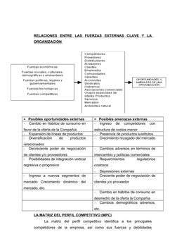 RELACIONES  ENTRE  LAS  FUERZAS  EXTERNAS  CLAVE  Y  LA 
ORGANIZACIÓN
 
   
LA MATRIZ DEL PERFIL COMPETITIVO (MPC)
La  matriz
