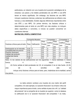 particulares, en relación con una muestra de la posición estratégica de la 
empresa. Los pesos y los totales ponderados de un